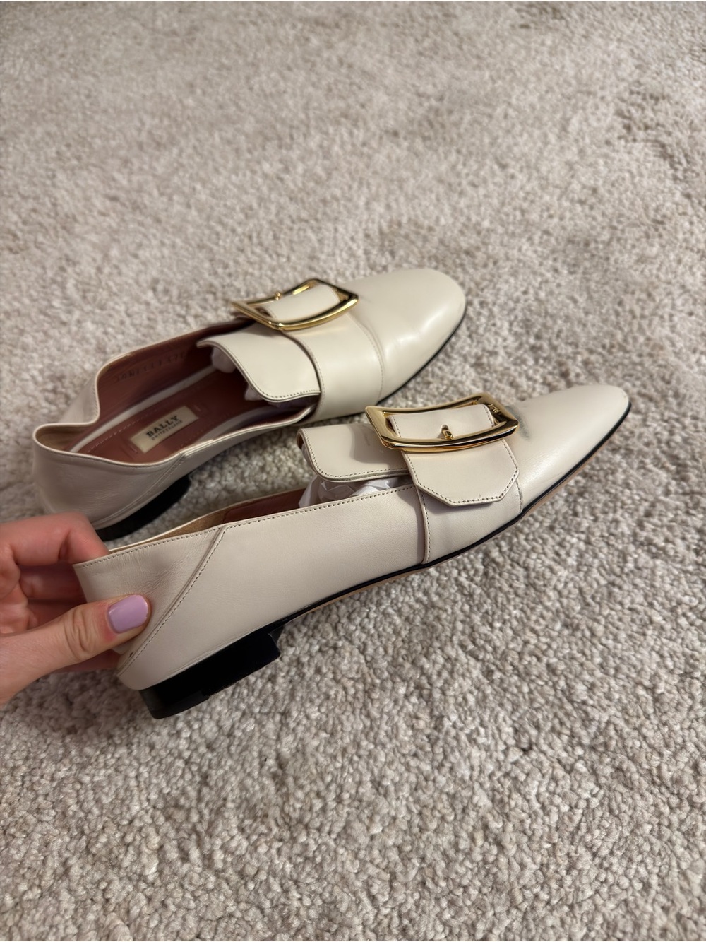Bally White Leather Buckle Loafers